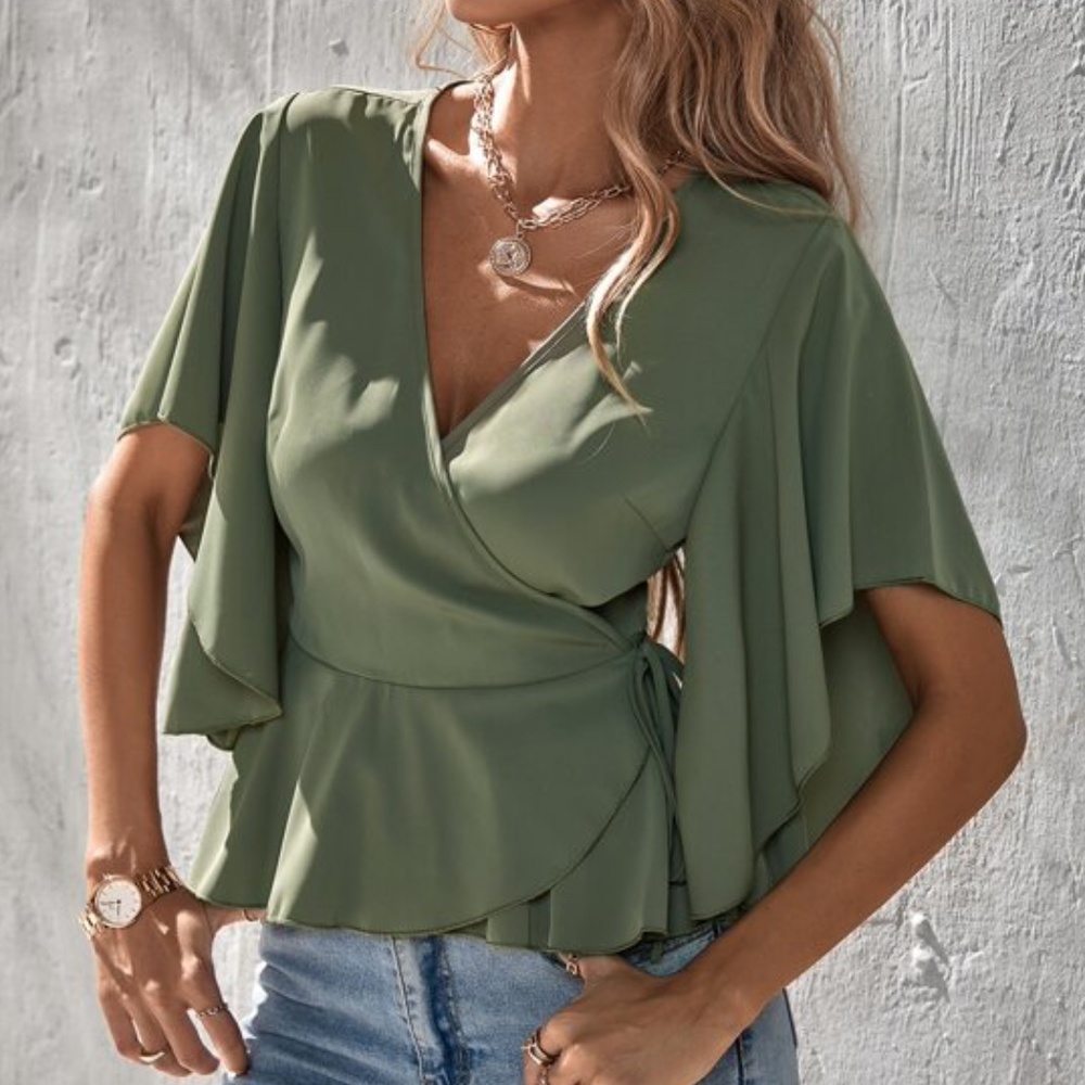 Boho Green Butterfly Sleeve Surplice Tie Top - Picture 4 of 4